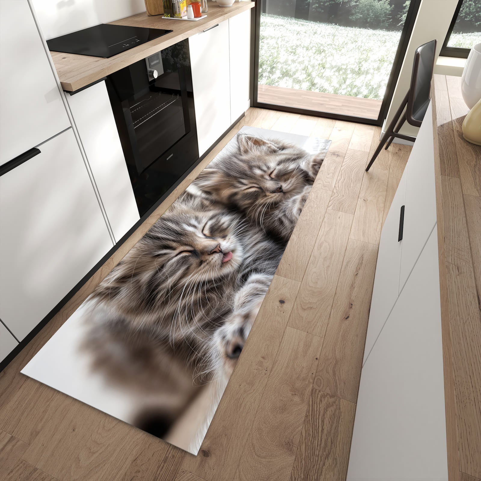 Geräuschdämpfender dünner Teppich mit Motiv Schlafende Kätzchen in moderner Küche