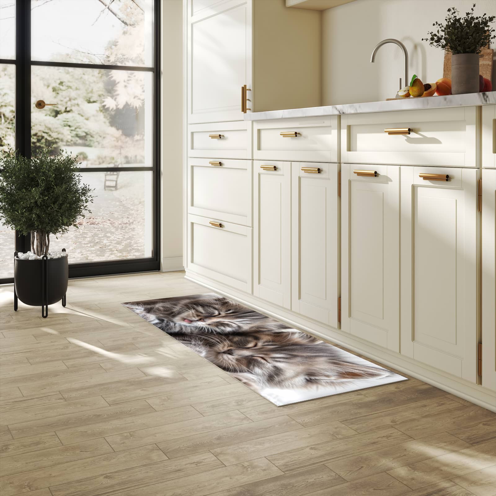 UV-beständiger Küchenteppich mit Motiv Schlafende Kätzchen in heller Küche