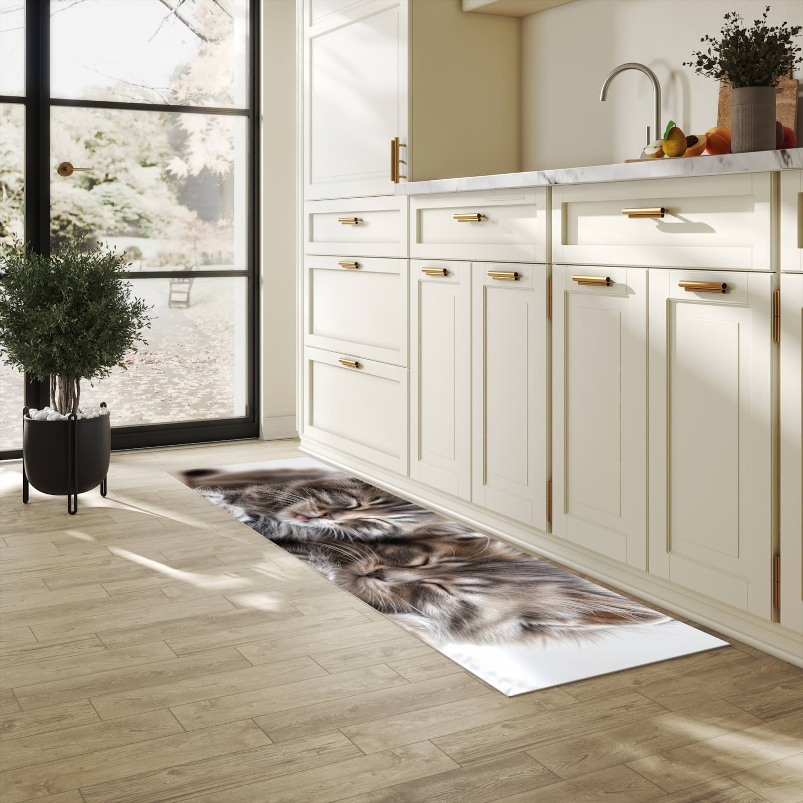 Waschbarer Küchenteppich mit Motiv Schlafende Kätzchen für Trittkomfort in heller Küche