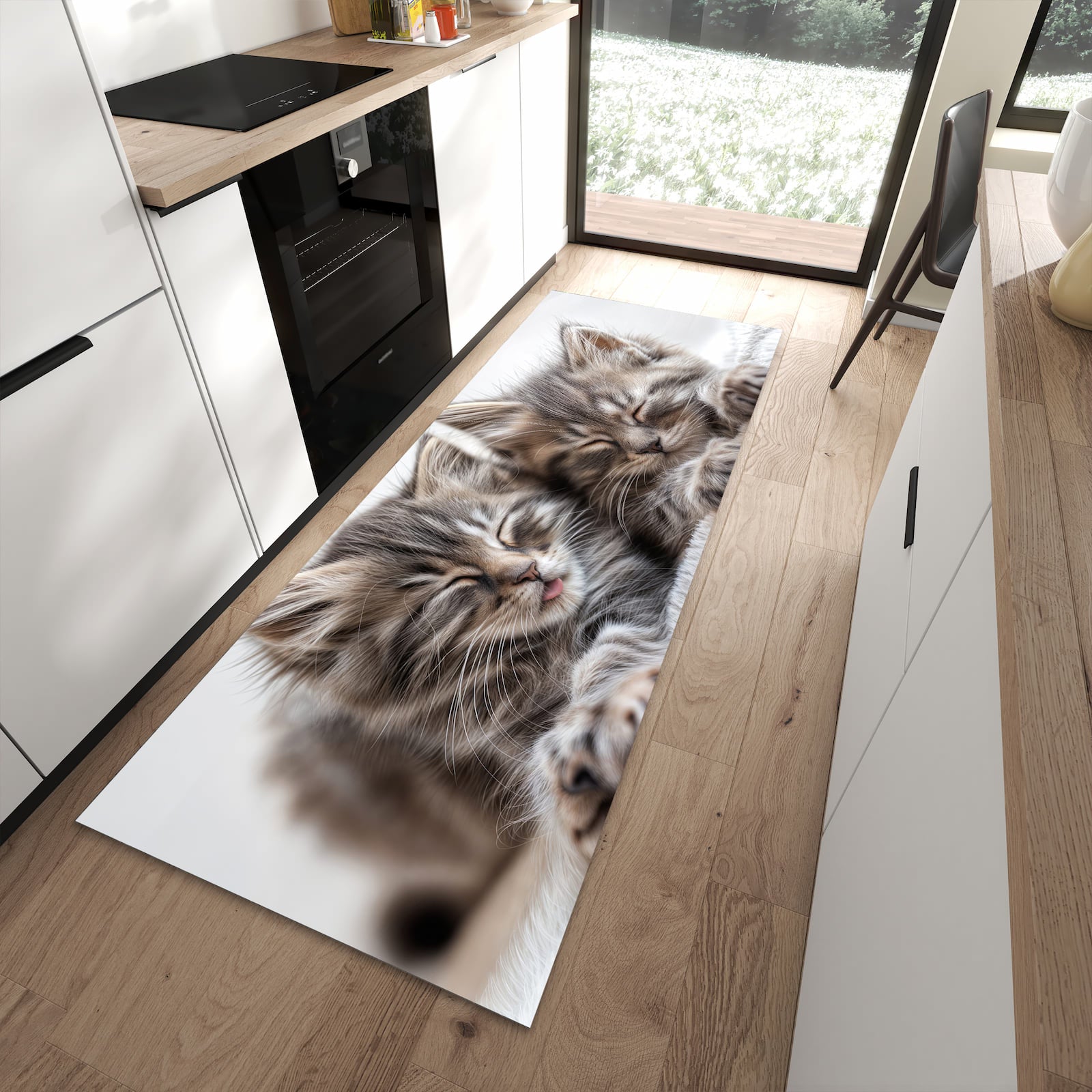 Wasserabweisender Teppich für Esstisch mit Motiv Schlafende Kätzchen in moderner Küche