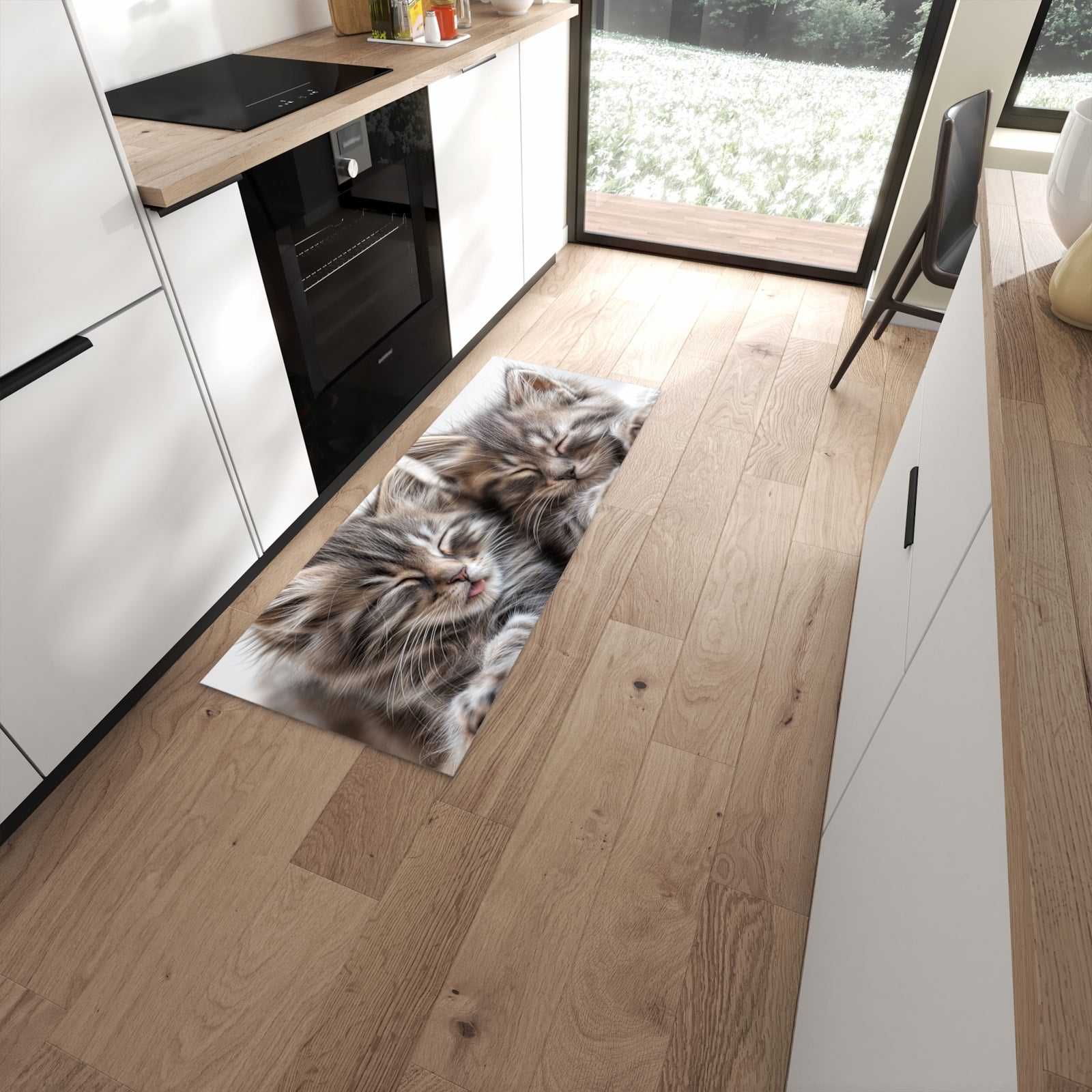 Bodenschonender Küchenteppich mit Motiv Schlafende Kätzchen in moderner Küche #grösse_60 x 150 cm