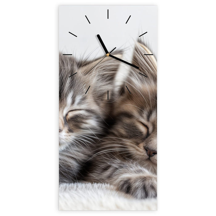Wanduhr Schlafende Kätzchen aus Glas – Hochformat 30 × 60 cm mit Ziffernblatt Linie