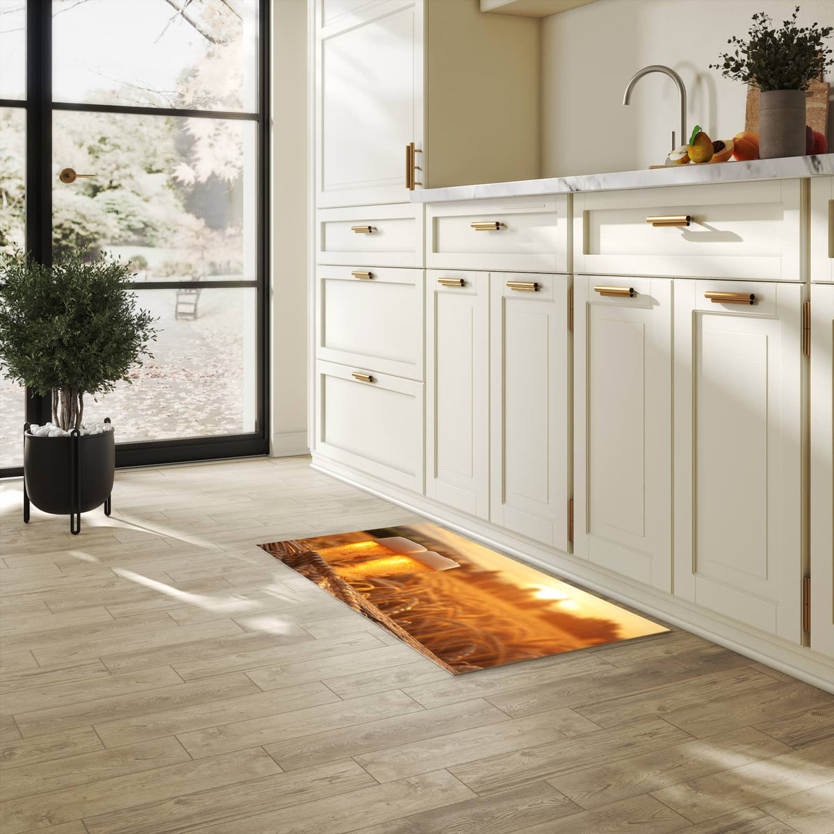 Hygienischer rutschfester Küchenteppich mit Motiv Sonnenuntergangsbecher in heller Küche