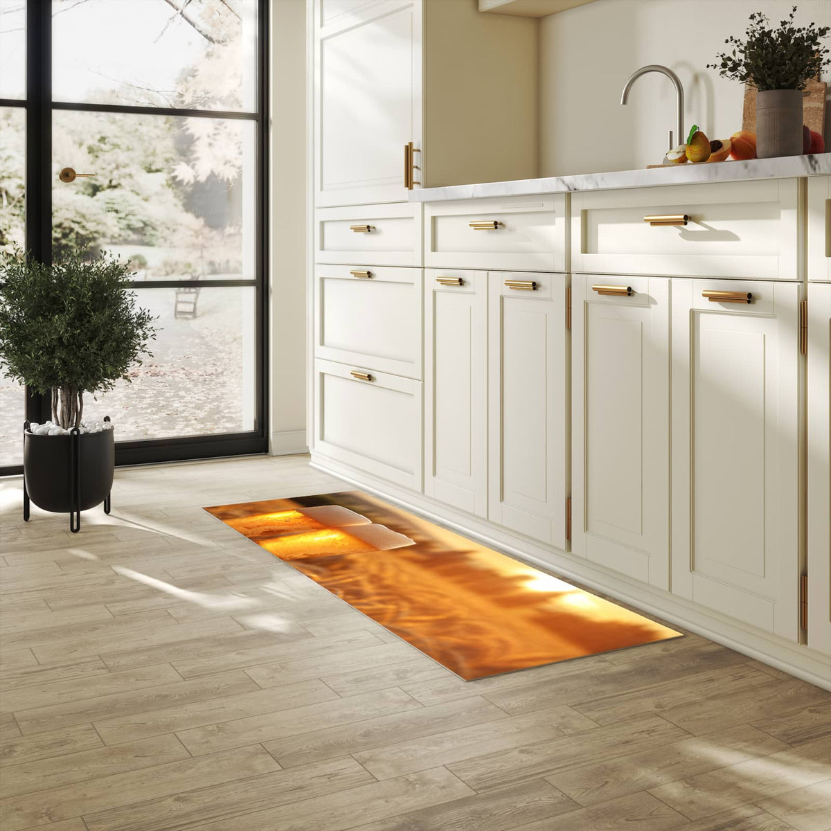 Waschbarer Teppich fürs Esszimmer mit Motiv Sonnenuntergangsbecher in heller Küche