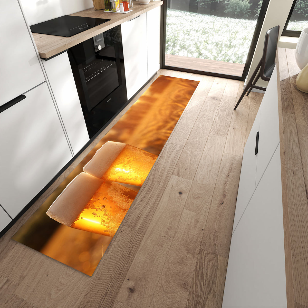 Komfortabler Küchenteppich mit Motiv Sonnenuntergangsbecher in moderner Küche