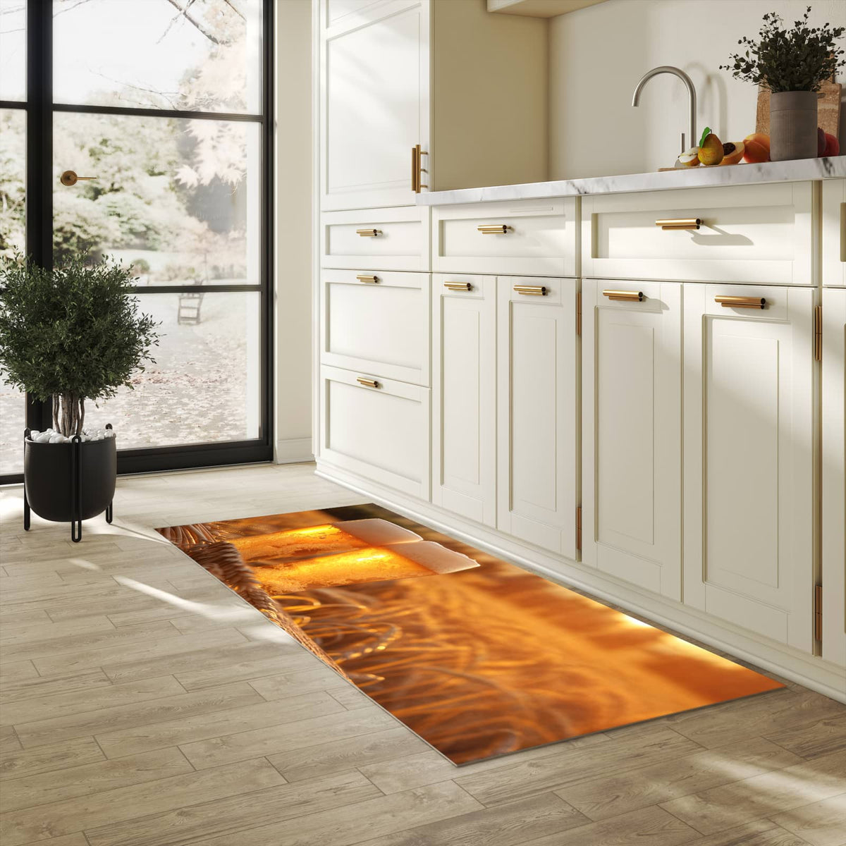 Küchenteppich mit Motiv Sonnenuntergangsbecher für Ordnung & Übersicht in heller Küche