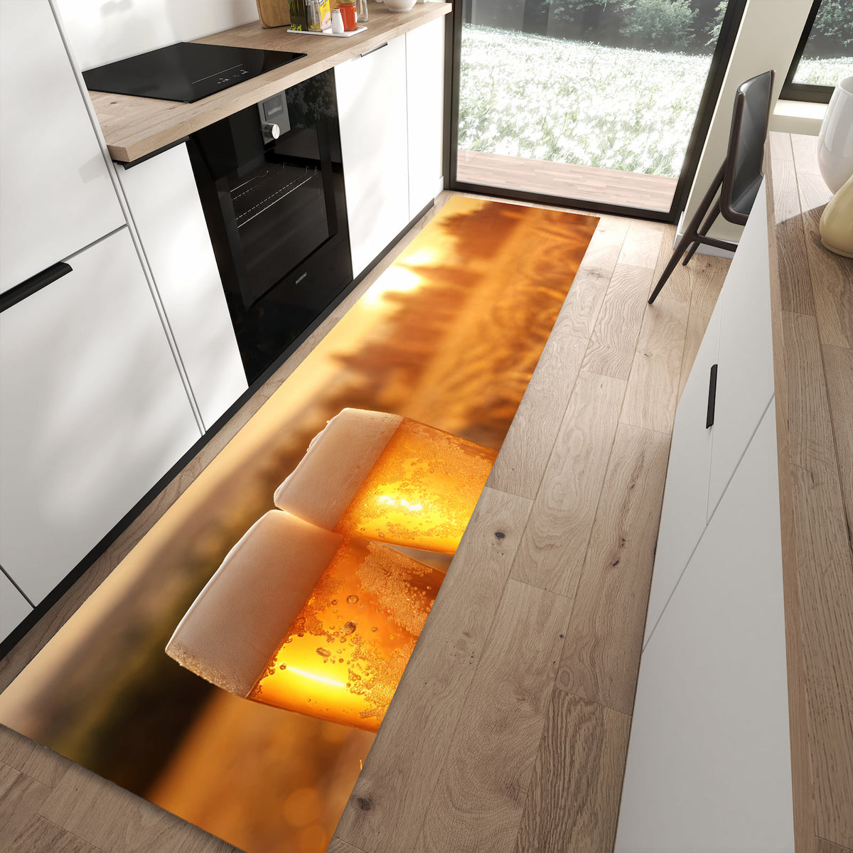 Waschbarer Küchenteppich mit Motiv Sonnenuntergangsbecher in moderner Küche