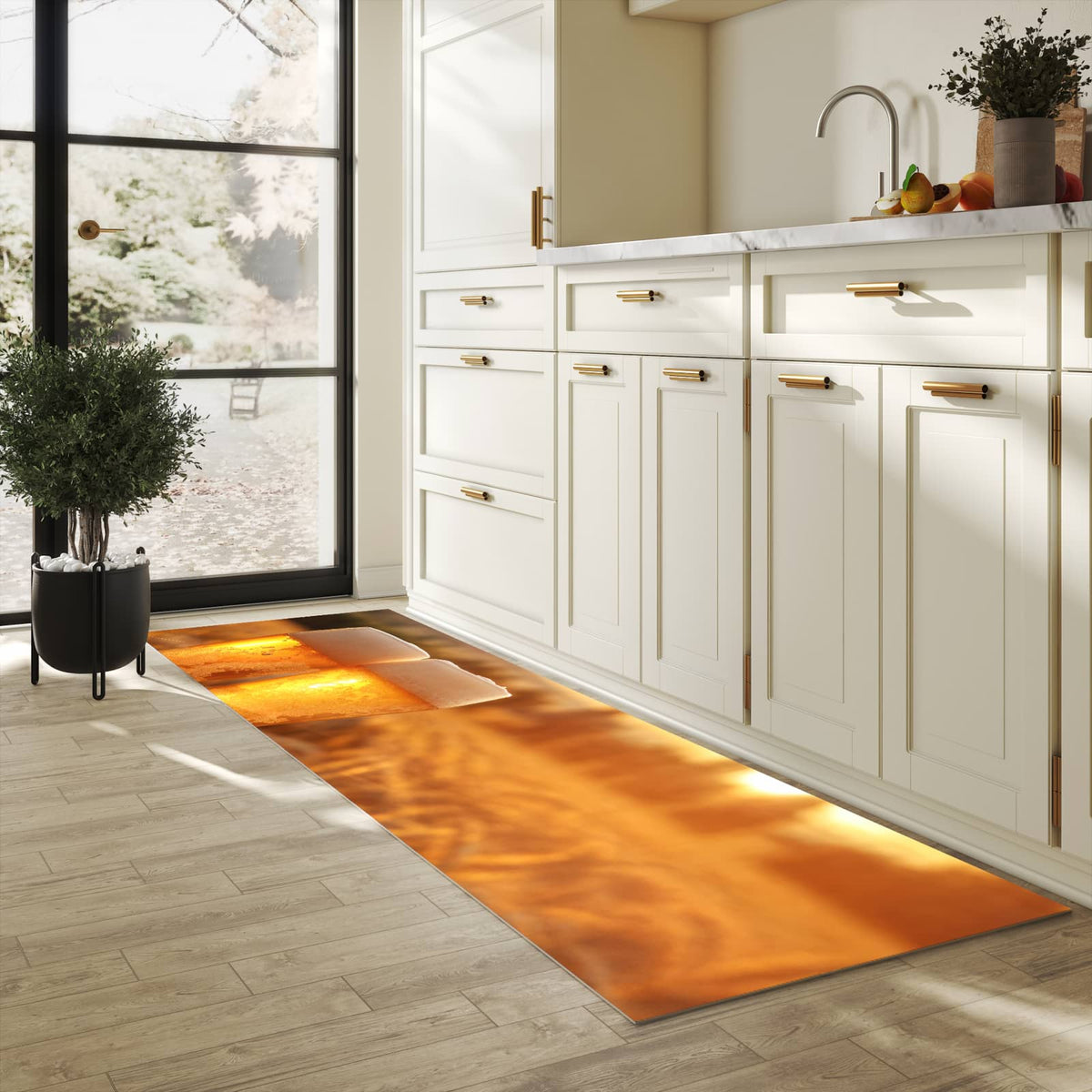 Farbbeständiger Küchenteppich mit Motiv Sonnenuntergangsbecher in heller Küche