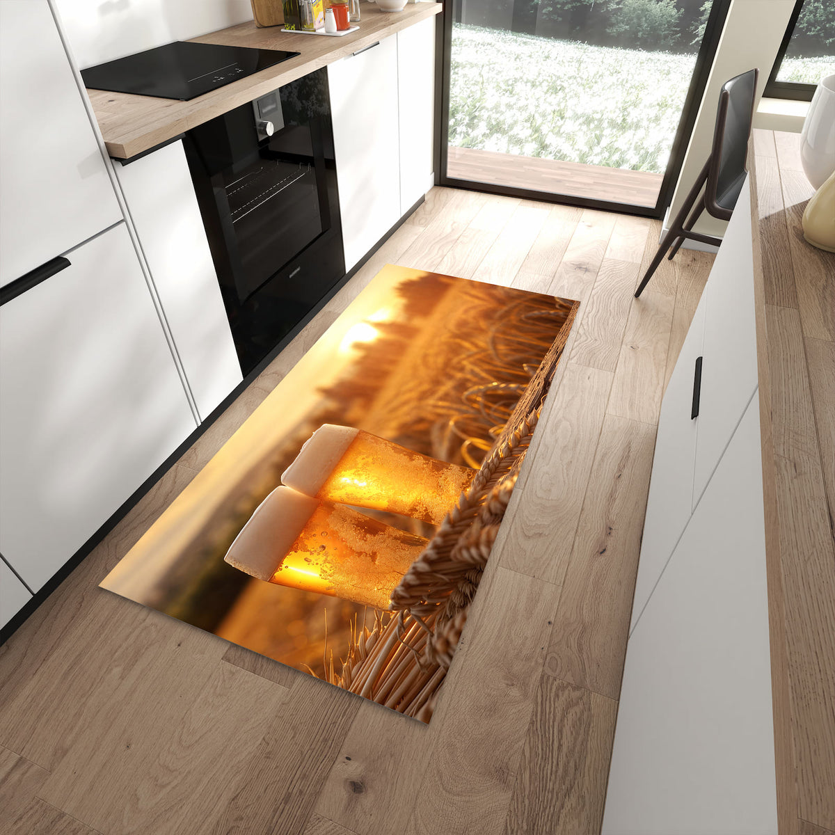 Langlebiger Küchenvorleger mit Motiv Sonnenuntergangsbecher in moderner Küche