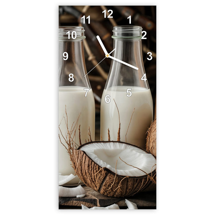 Wanduhr Kokosnusslmahlzeit aus Glas – Hochformat 30 × 60 cm mit Ziffernblatt Modern