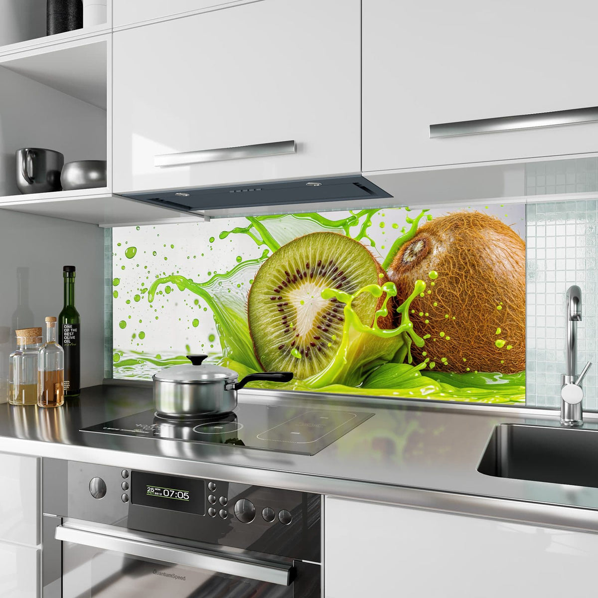 Küchenrückwand aus Glas Kiwi im Saftspritzer im Hochformat als Spritzschutz hinter dem Kochfeld, über dem Fliesenspiegel montiert