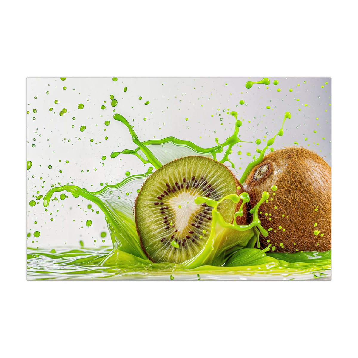 Küchenrückwand aus Glas Kiwi im Saftspritzer im Hochformat, Motiv bildfüllend von vorn