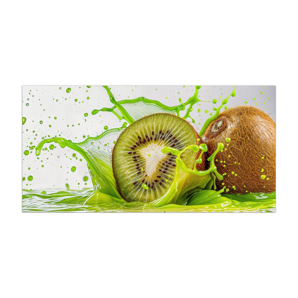Küchenrückwand aus Glas Kiwi im Saftspritzer im Hochformat, Motiv bildfüllend von vorn