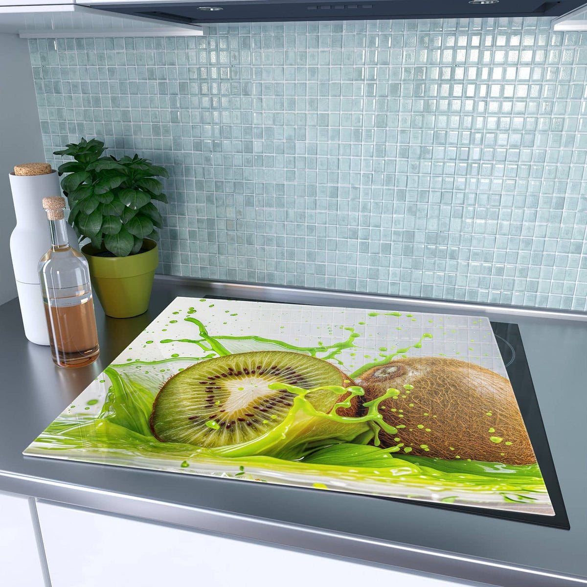 1-teilige Herdabdeckung mit Kiwi Spritzer-Motiv auf dem Ceranfeld