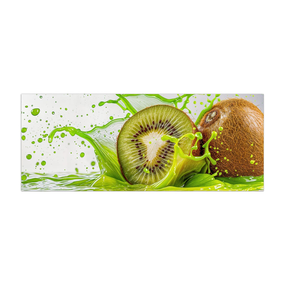 Küchenrückwand aus Glas Kiwi im Saftspritzer im Hochformat, Motiv bildfüllend von vorn