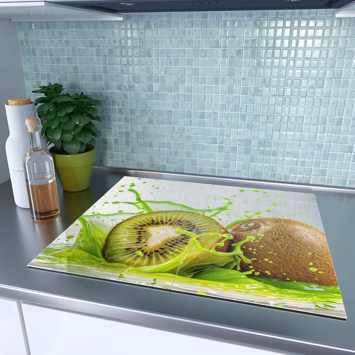 2-teilige Abdeckung für Herdplatten mit Kiwi Spritzer-Motiv auf dem Ceranfeld
