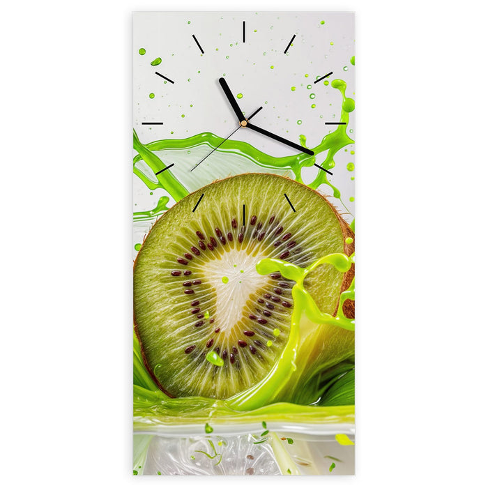 Wanduhr Kiwi Spritzer aus Glas – Hochformat 30 × 60 cm mit Ziffernblatt Linie