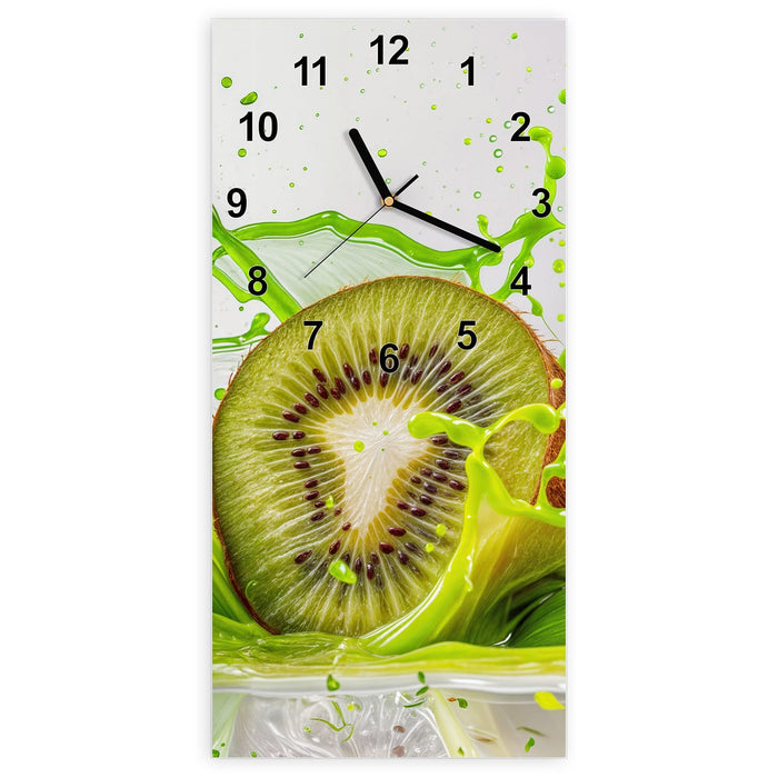 Wanduhr Kiwi Spritzer aus Glas – Hochformat 30 × 60 cm mit Ziffernblatt Modern