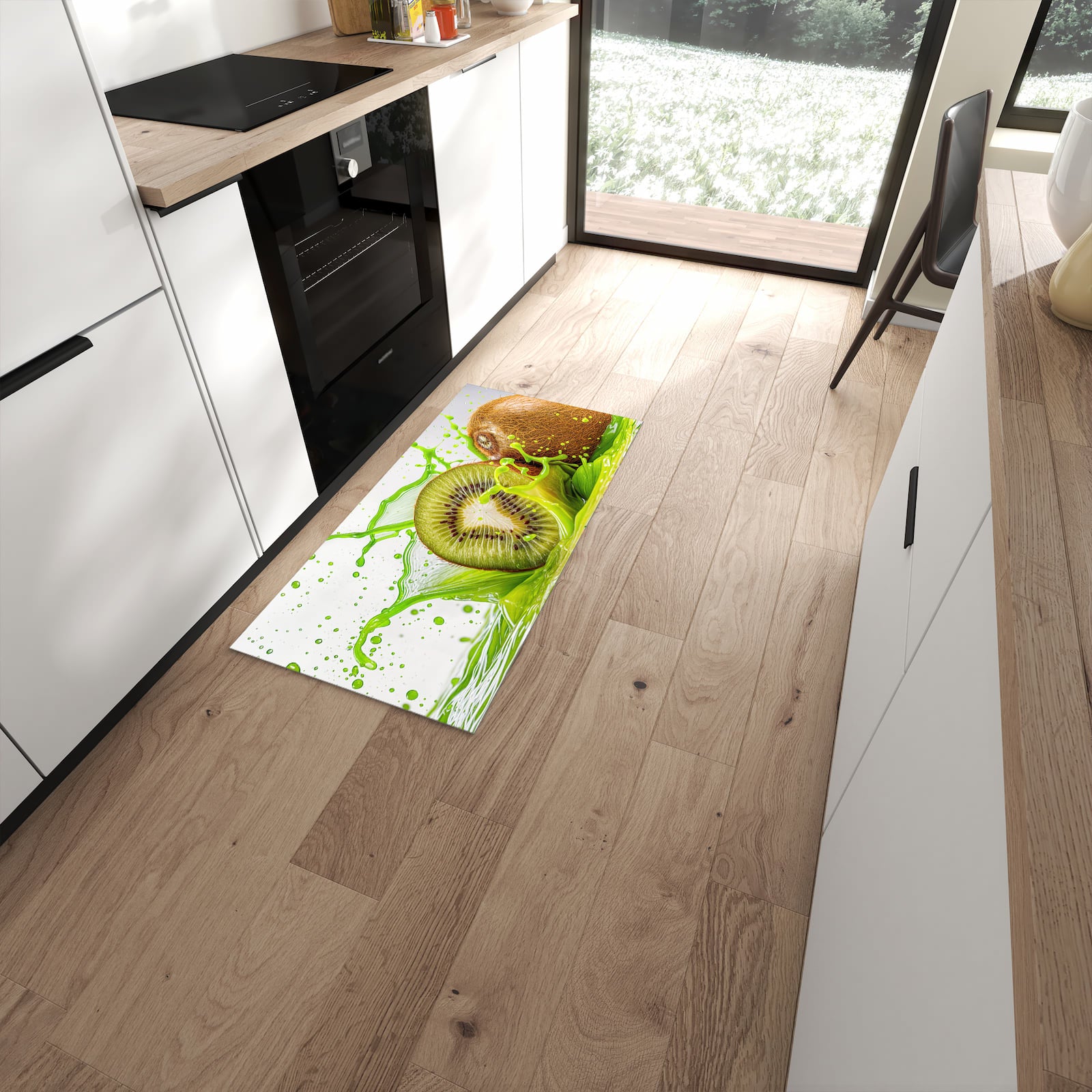 Farbbeständiger Teppichläufer mit Motiv Kiwi Spritzer in moderner Küche #grösse_60 x 120 cm