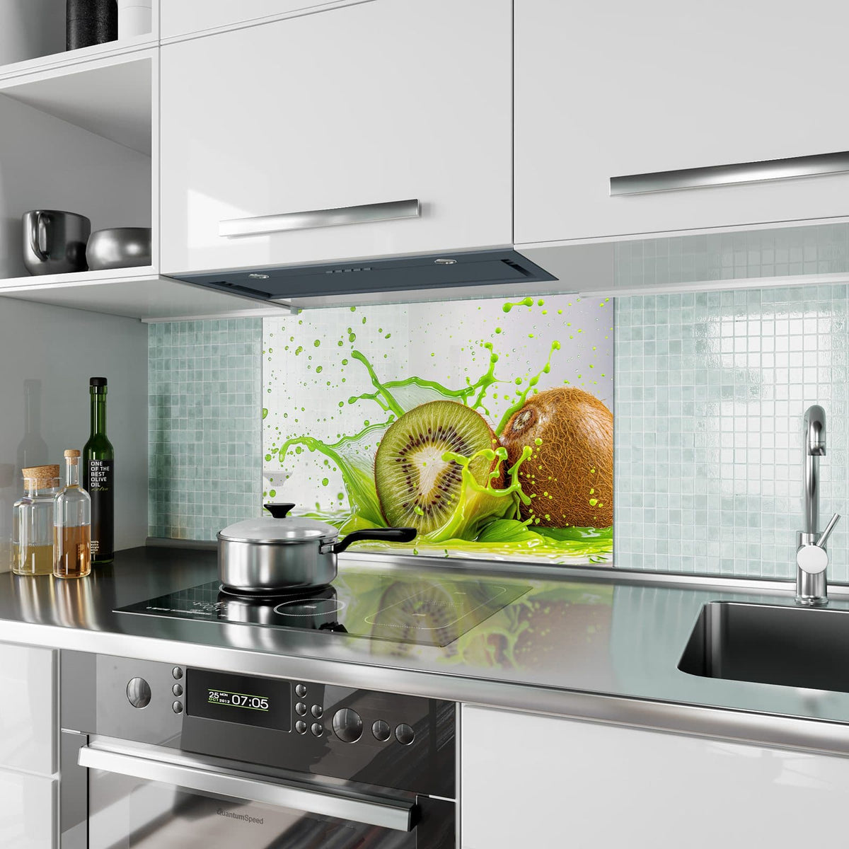 Küchenrückwand aus Glas Kiwi im Saftspritzer im Hochformat als Spritzschutz hinter dem Kochfeld, über dem Fliesenspiegel montiert