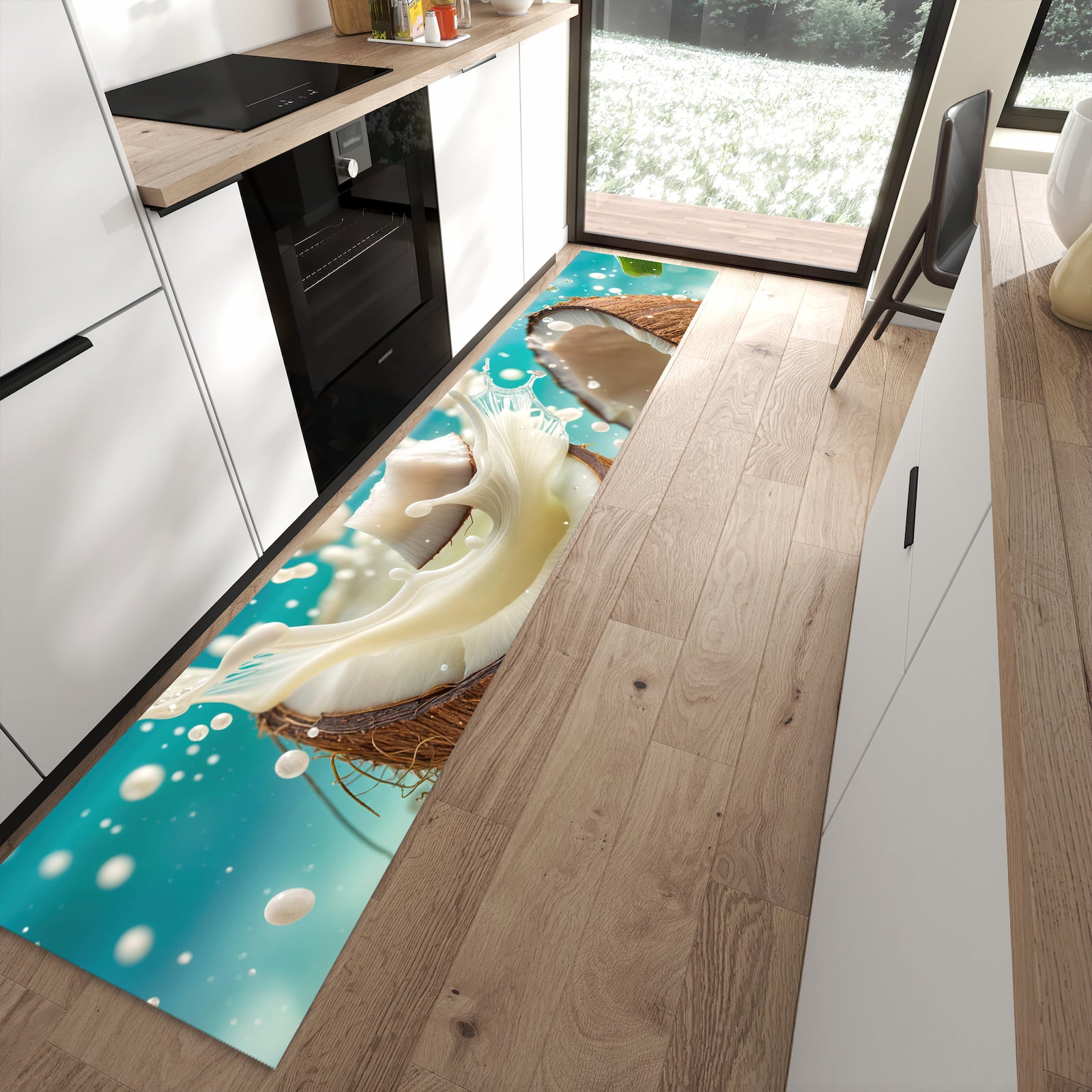 Strapazierfähiger Läufer für die Küche mit Motiv Kokosnuss Splash in moderner Küche