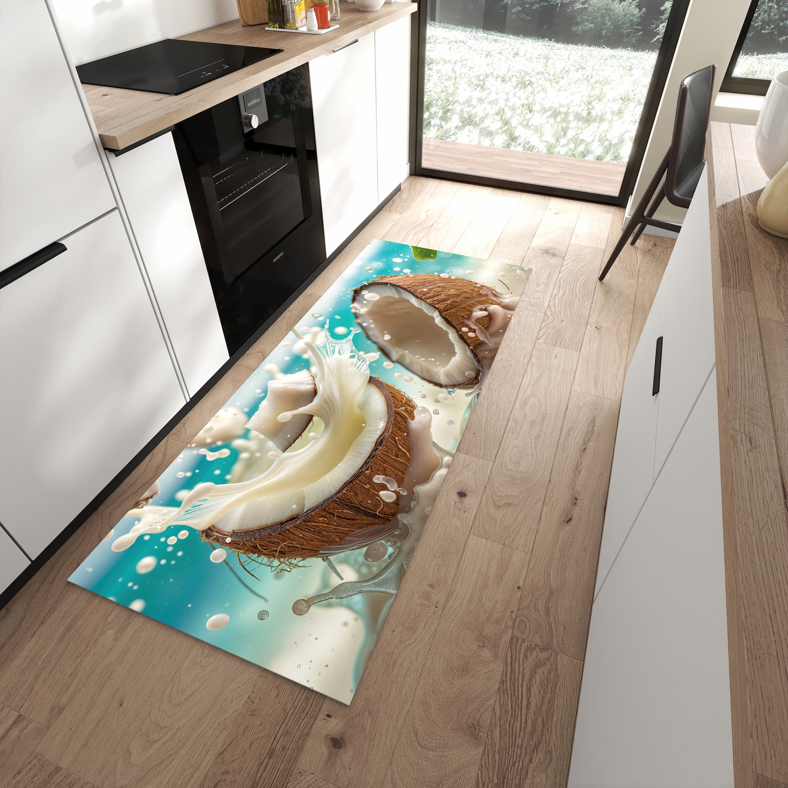 Langlebiger Küchenläufer mit Motiv Kokosnuss Splash in moderner Küche