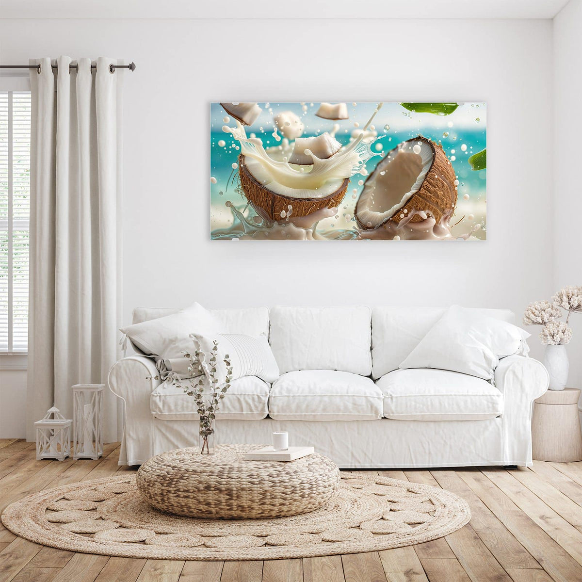 Wandbild - Zerbrochene Kokosnüsse - Querformat – Zerbrochene Kokosnüsse vor blauem Meer