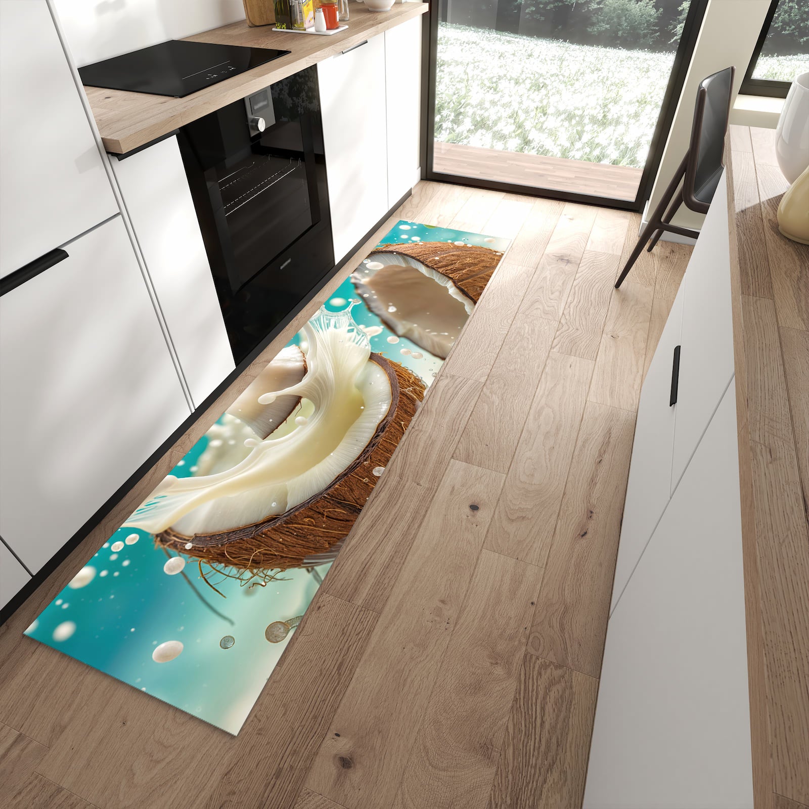 Küchenteppich mit Motiv Kokosnuss Splash für angenehme Haptik in moderner Küche