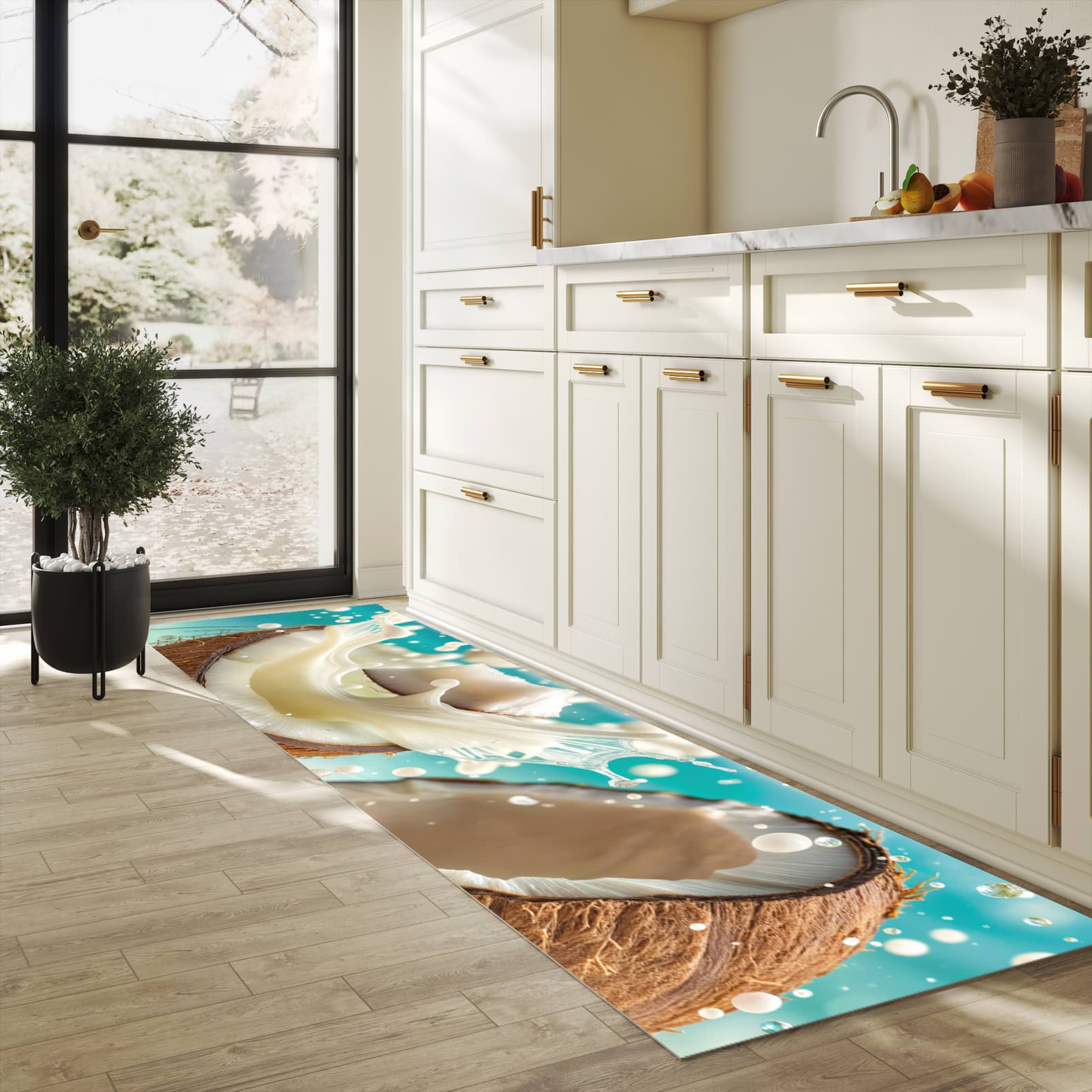Feuchtigkeitsresistenter Küchenteppich mit Motiv Kokosnuss Splash in heller Küche