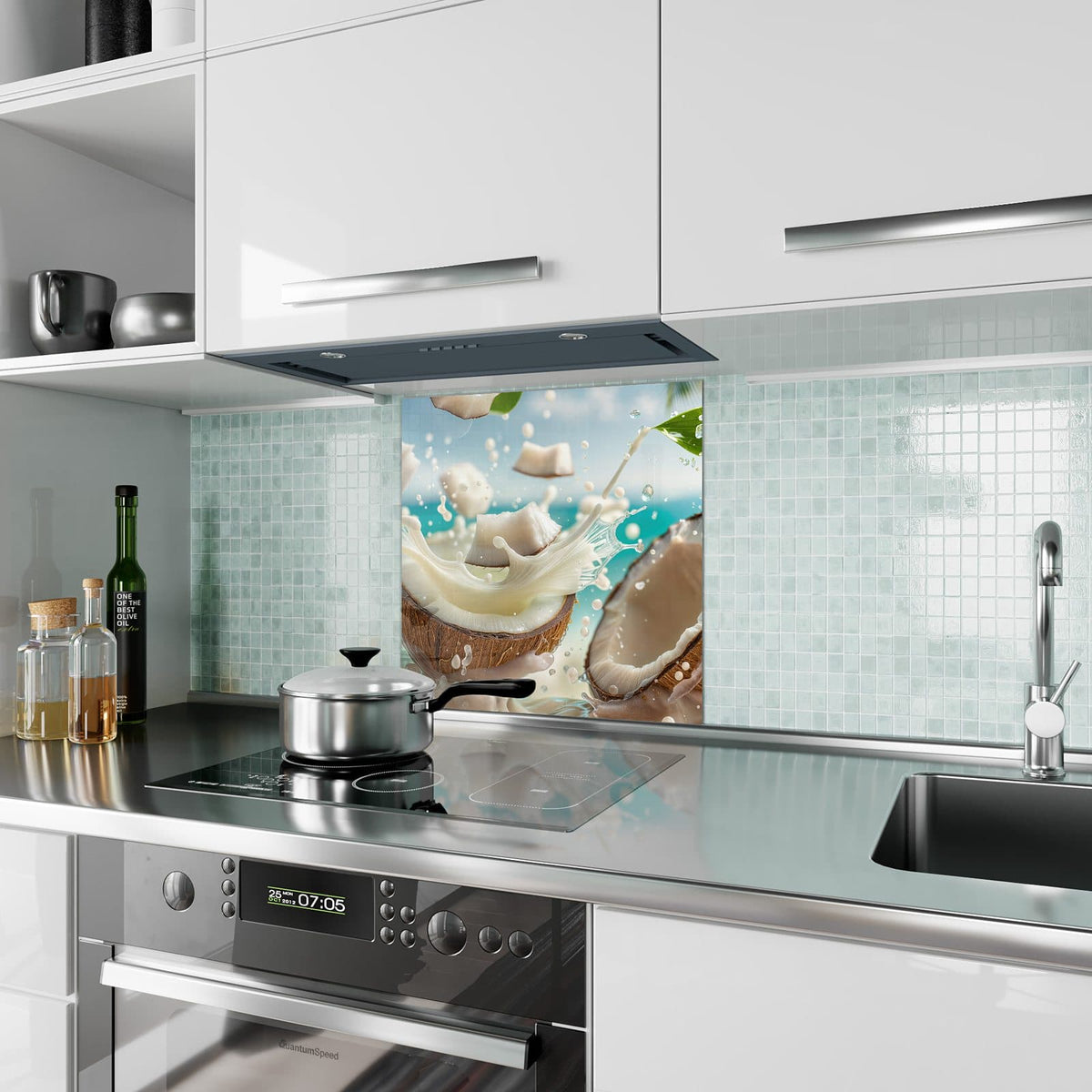 Küchenrückwand aus Glas Zerbrochene Kokosnüsse im quadratischen Format als Spritzschutz hinter dem Kochfeld, über dem Fliesenspiegel montiert