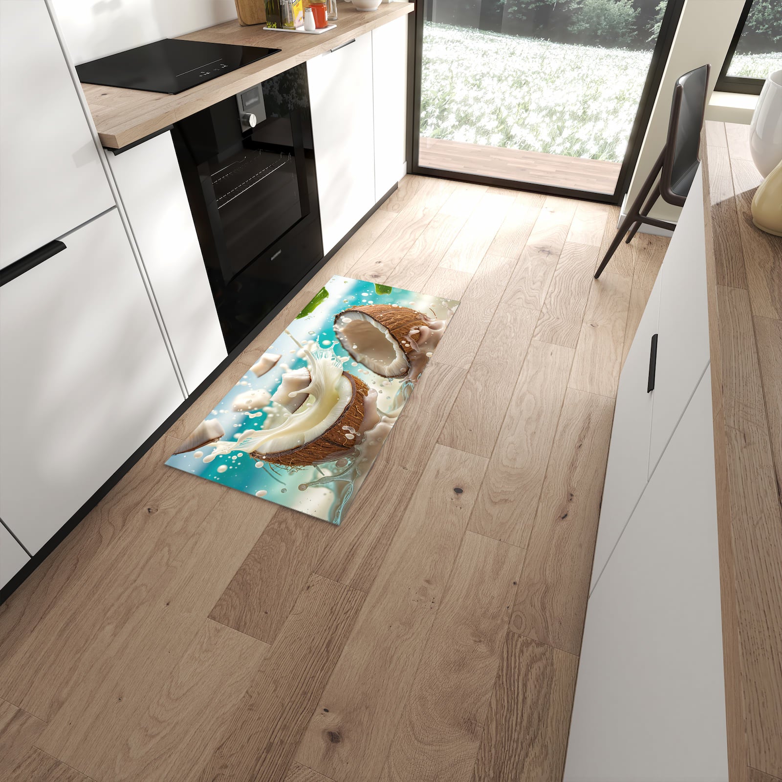 Komfortabler Küchenteppich mit Motiv Kokosnuss Splash in moderner Küche #grösse_60 x 120 cm