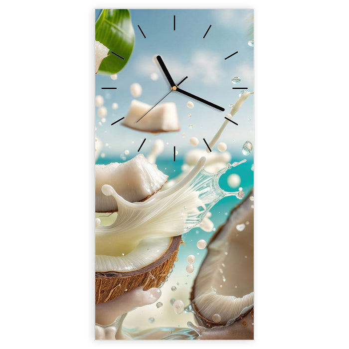 Wanduhr Kokosnuss Spritzer aus Glas – Hochformat 30 × 60 cm mit Ziffernblatt Linie