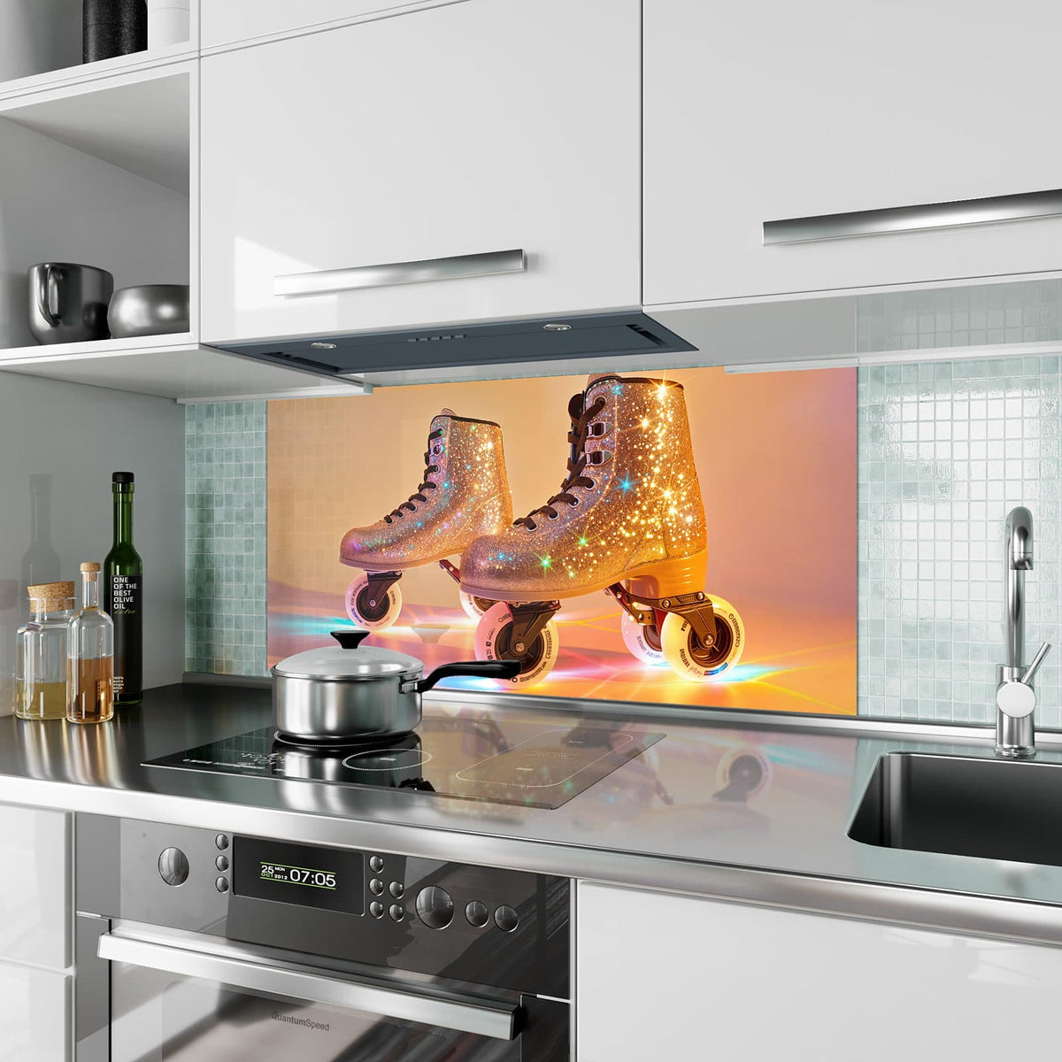 Küchenrückwand aus Glas Glitzernde Rollschuhe im Hochformat als Spritzschutz hinter dem Kochfeld, über dem Fliesenspiegel montiert