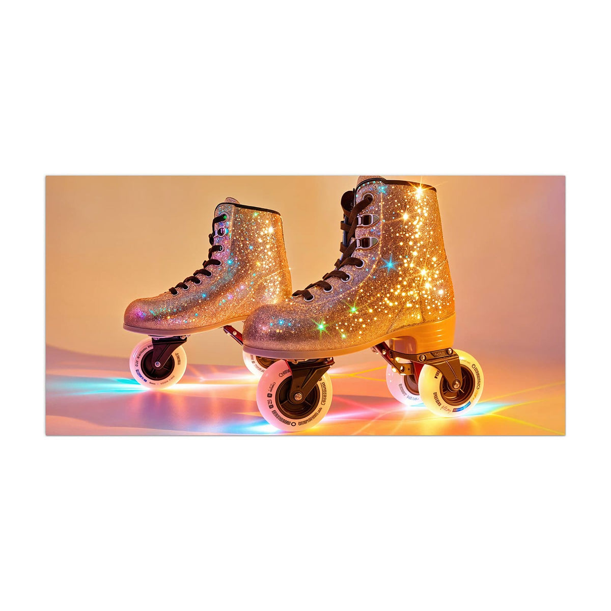 Küchenrückwand aus Glas Glitzernde Rollschuhe im Hochformat, Motiv bildfüllend von vorn