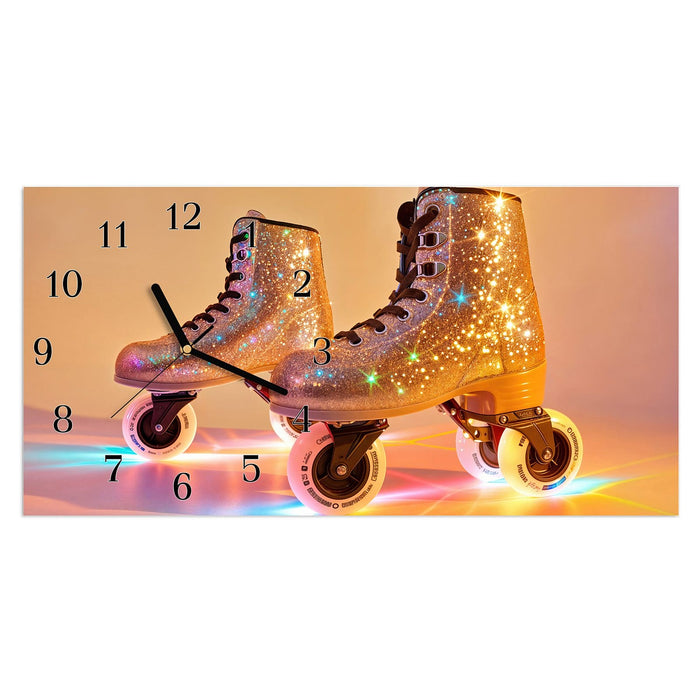 Wanduhr Glitzer Rollschuhe aus Glas – Querformat 60 × 30 cm mit Ziffernblatt Klassisch