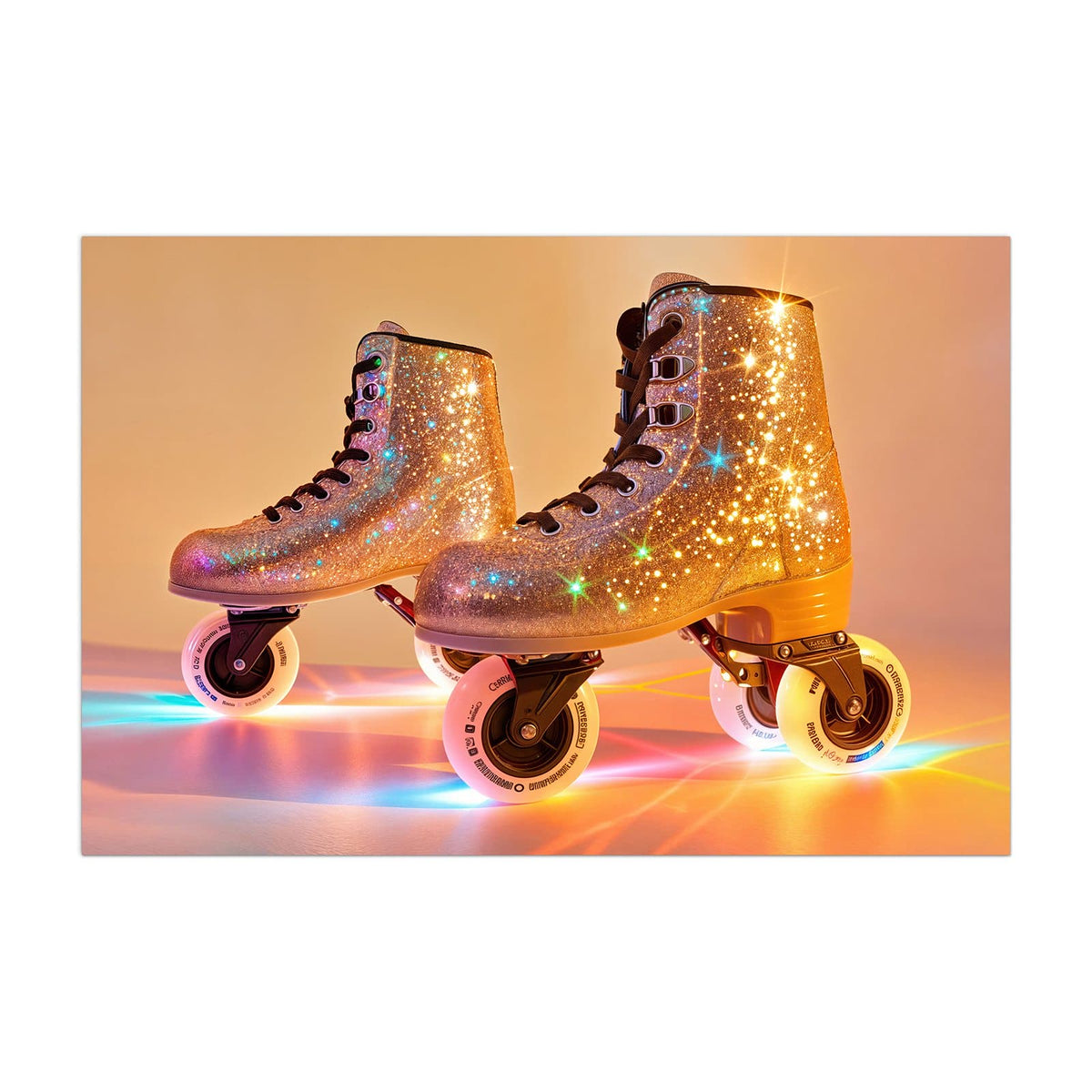 Küchenrückwand aus Glas Glitzernde Rollschuhe im Hochformat, Motiv bildfüllend von vorn