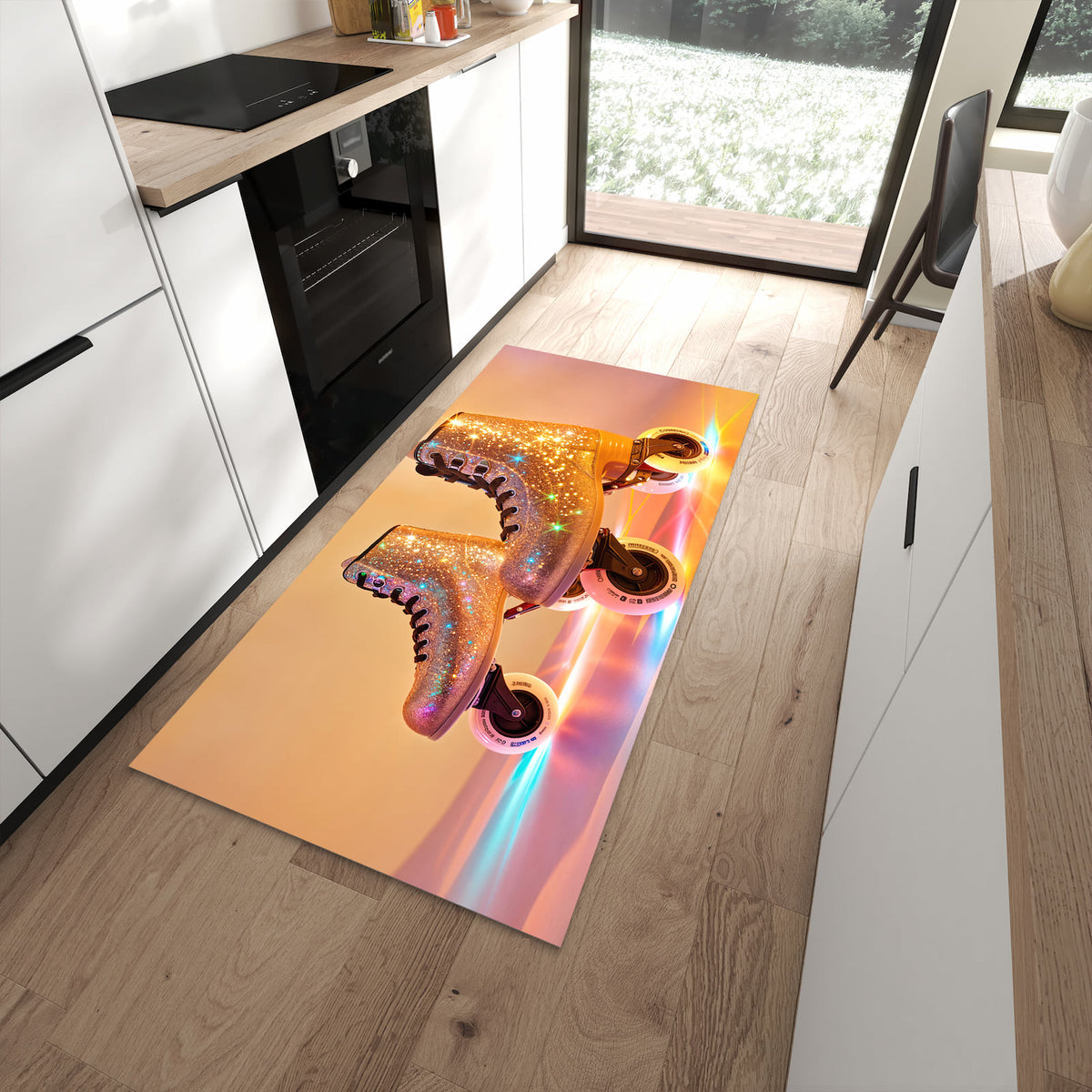 Flacher Küchenteppich mit Motiv Glitzer Rollschuhe in moderner Küche