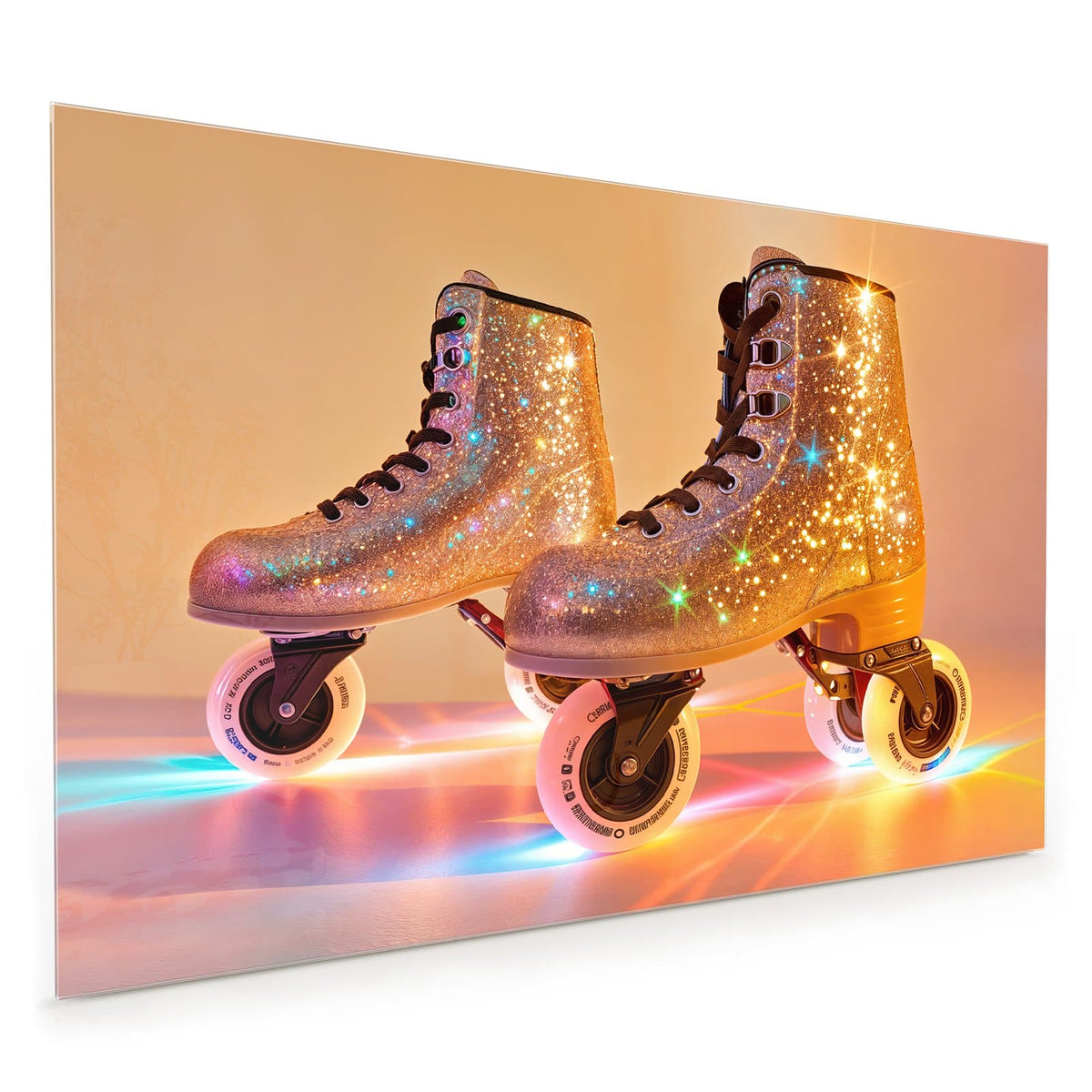 Küchenrückwand aus Glas im Hochformat: Paar Rollschuhe komplett mit funkelndem Glitzer besetzt, bunte Lichtstreifen am Boden