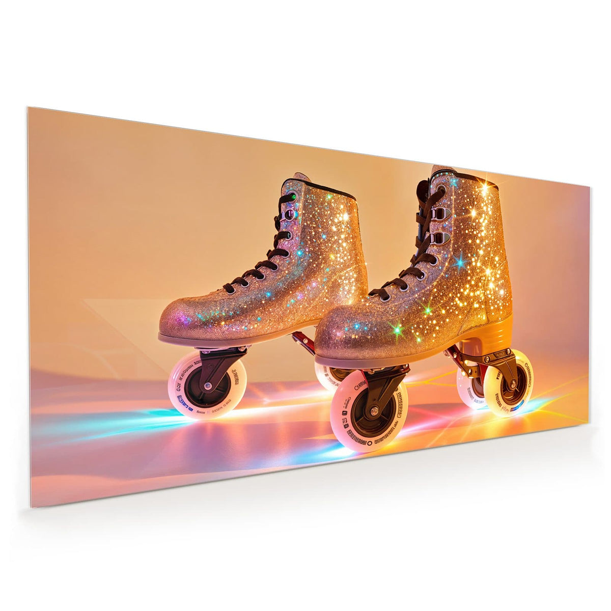 Küchenrückwand aus Glas im Hochformat: Paar Rollschuhe komplett mit funkelndem Glitzer besetzt, bunte Lichtstreifen am Boden