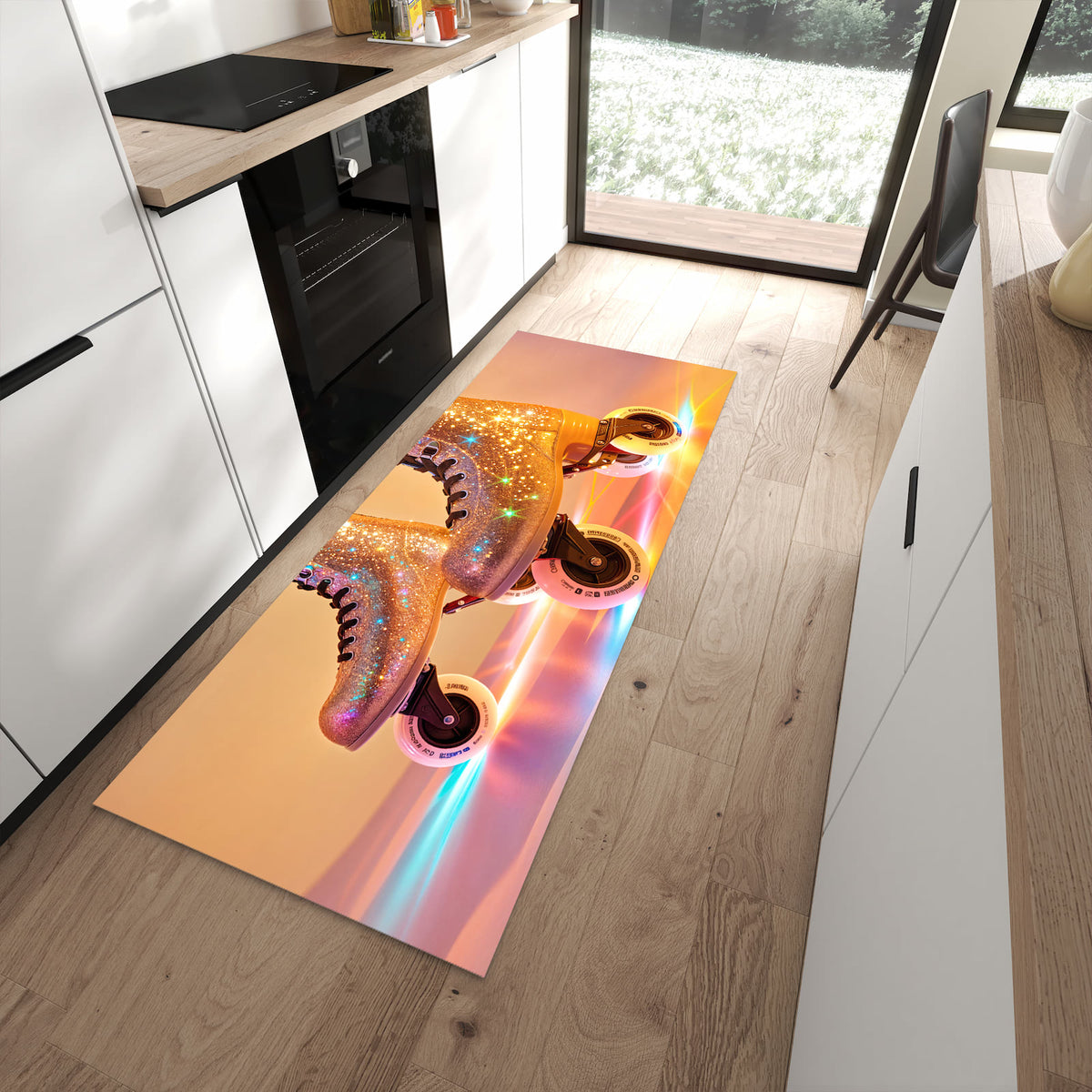 Fleckenresistenter moderner Küchenläufer mit Motiv Glitzer Rollschuhe in moderner Küche