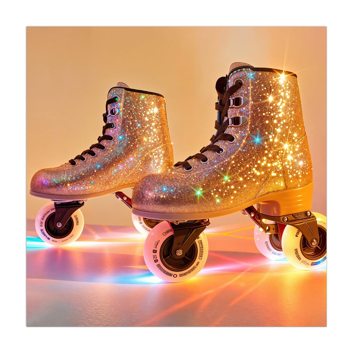 Küchenrückwand aus Glas Glitzernde Rollschuhe im quadratischen Format, Motiv bildfüllend von vorn
