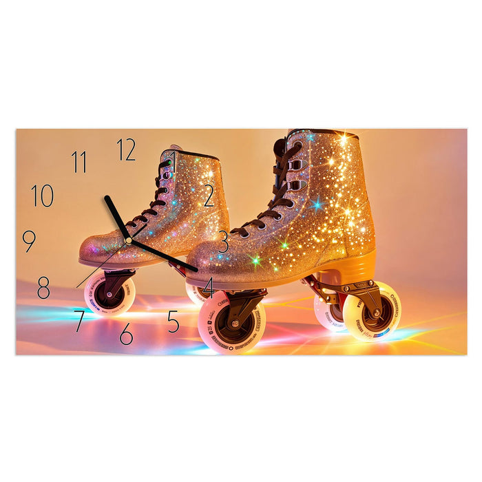 Wanduhr Glitzer Rollschuhe aus Glas – Querformat 60 × 30 cm mit Ziffernblatt Elegant