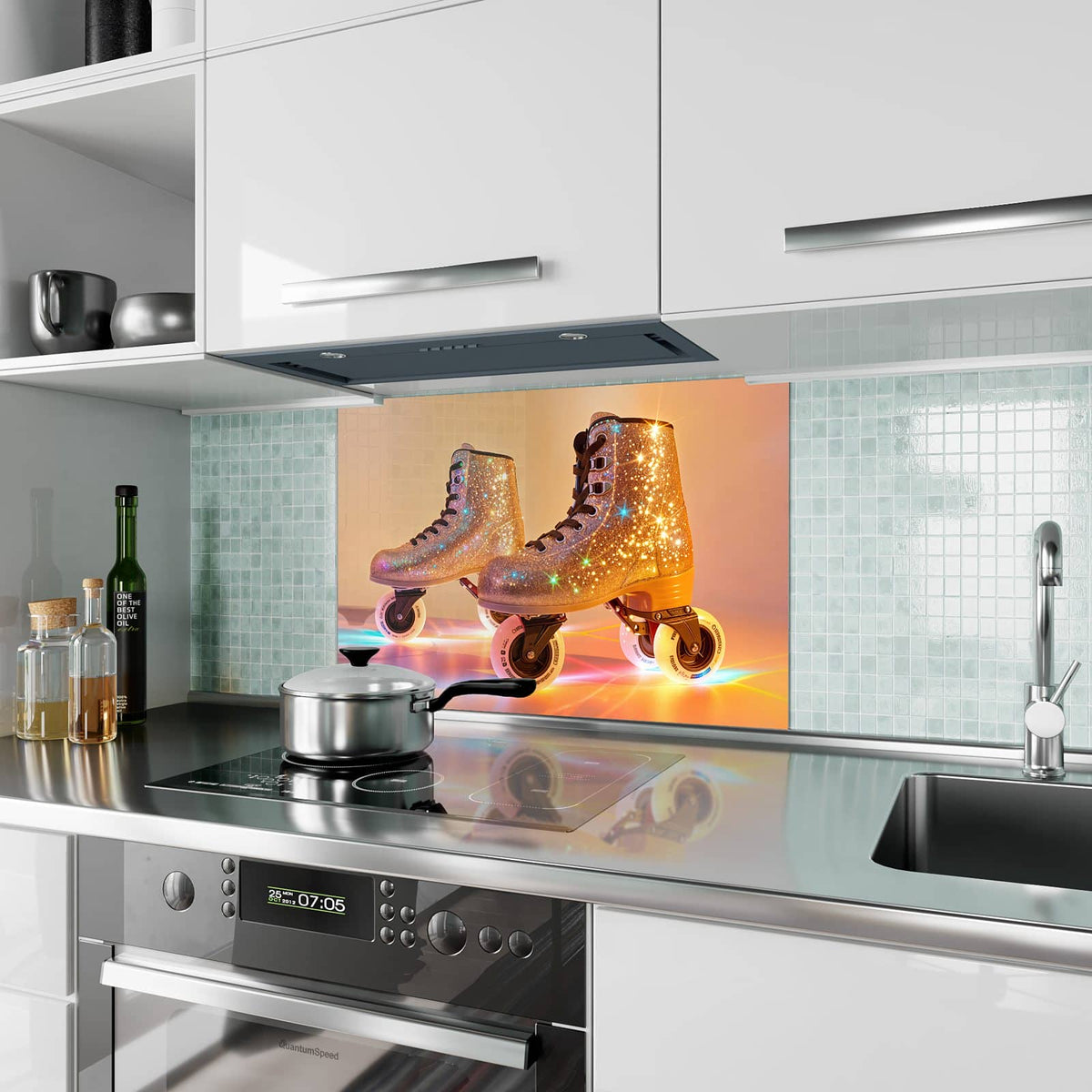 Küchenrückwand aus Glas Glitzernde Rollschuhe im Hochformat als Spritzschutz hinter dem Kochfeld, über dem Fliesenspiegel montiert
