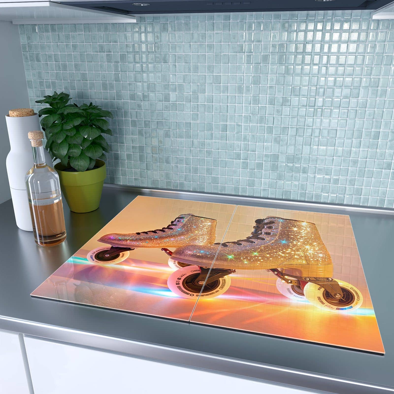 2-teilige Herdabdeckplatten aus Glas mit Glitzer Rollschuhe-Motiv auf dem Ceranfeld