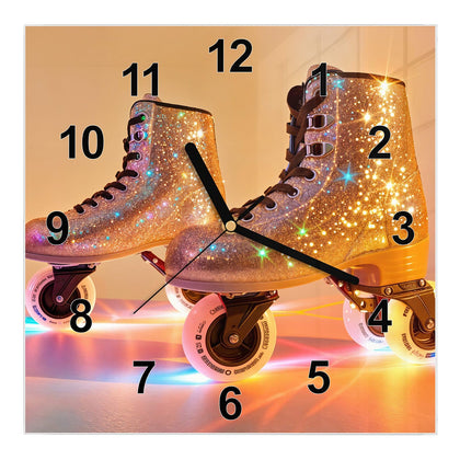 Wanduhr Quadratisch mit dem Motiv Glitzernde Rollschuhe