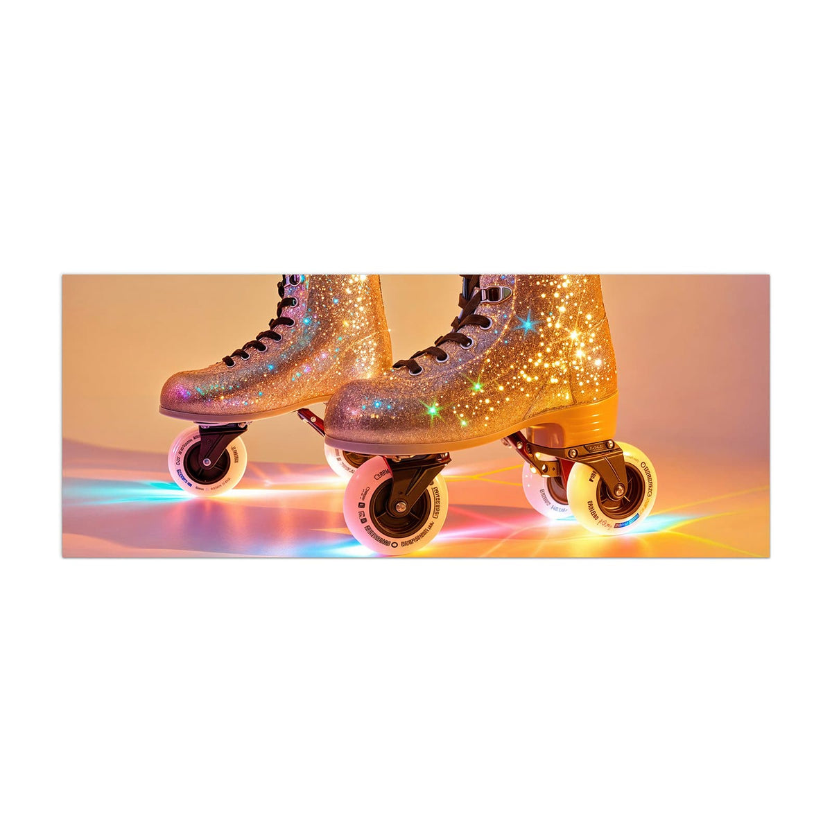 Küchenrückwand aus Glas Glitzernde Rollschuhe im Hochformat, Motiv bildfüllend von vorn