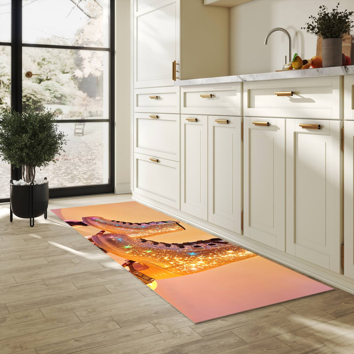 Fleckenresistenter langer Teppich mit Motiv Glitzer Rollschuhe in heller Küche