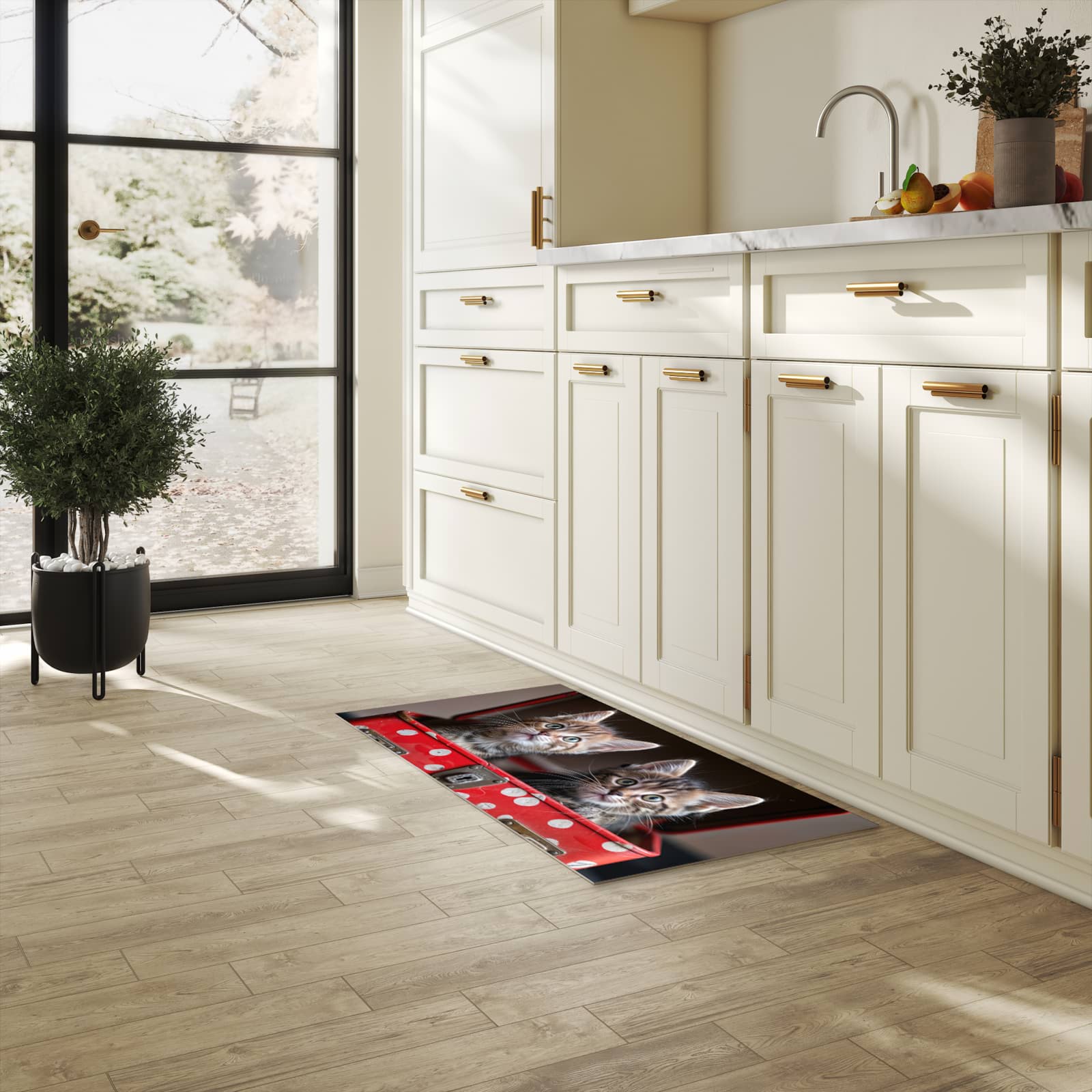 Rutschhemmender Küchenläufer mit Motiv Katzen im Koffer in heller Küche