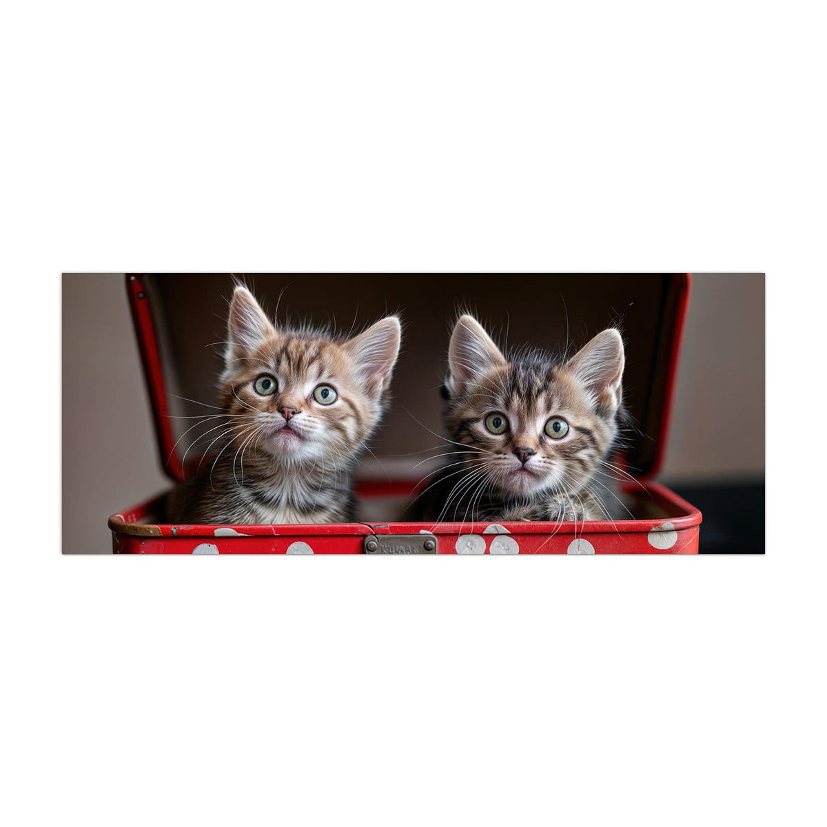 Küchenrückwand aus Glas Katzen im Koffer im Hochformat, Motiv bildfüllend von vorn