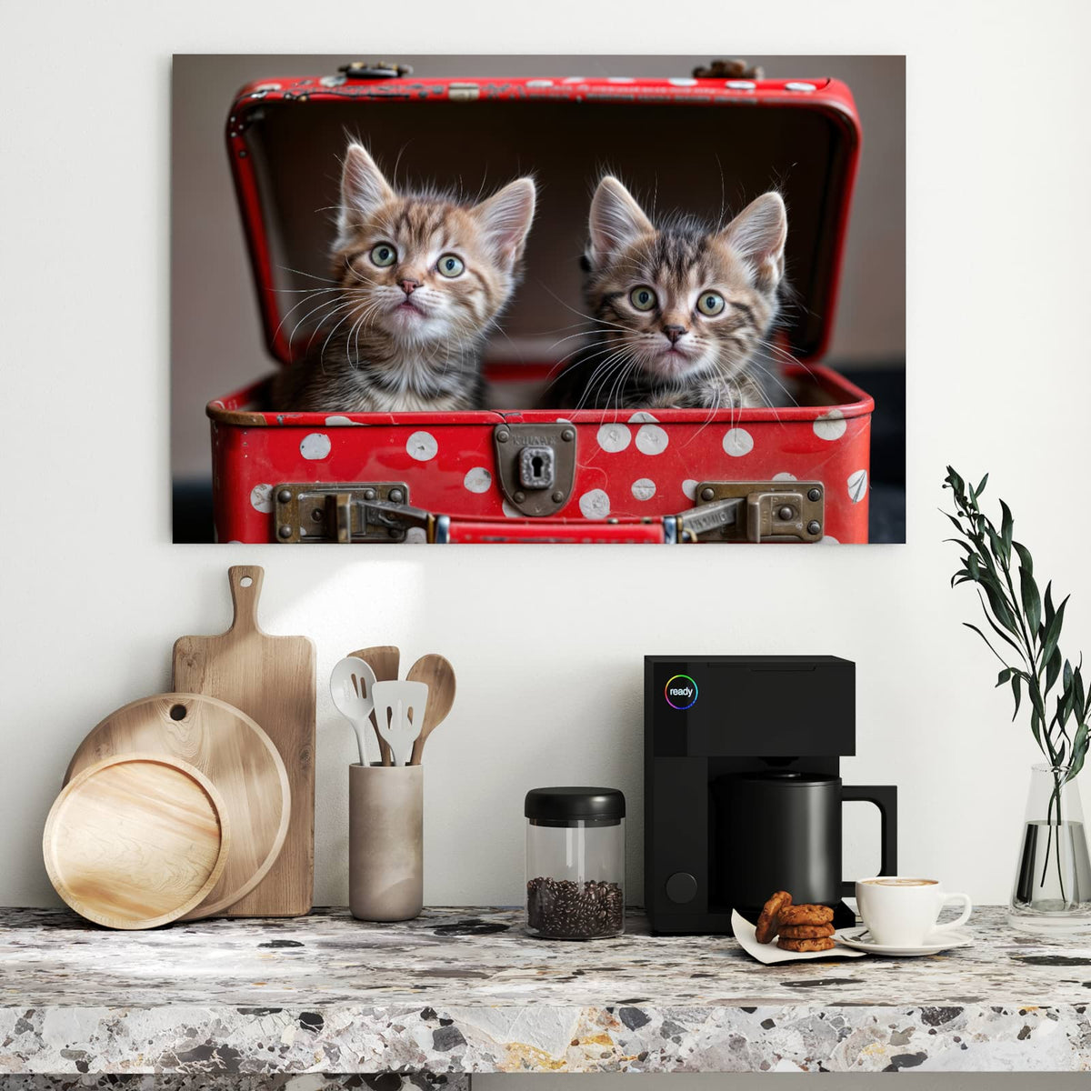 Metall Magnettafel - Katzen im Koffer – Kätzchen im roten Punktekoffer